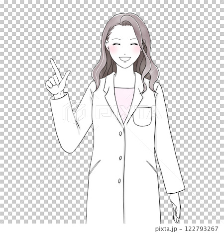 笑顔で指をさす白衣を着た美容系女性イラスト 122793267