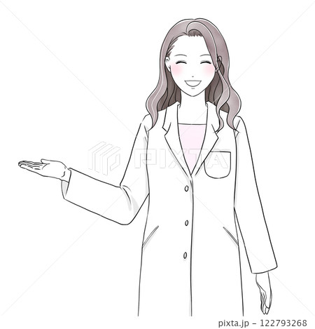 笑顔で案内をする白衣を着た美容系女性イラスト 122793268