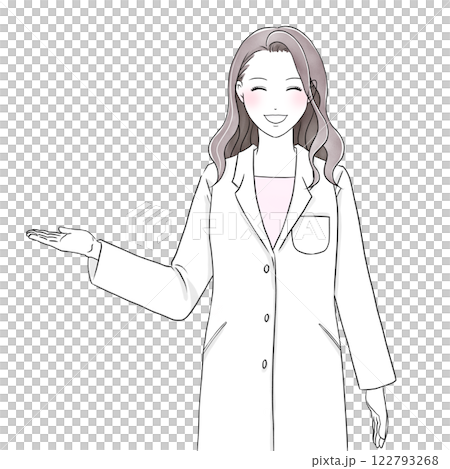笑顔で案内をする白衣を着た美容系女性イラスト 122793268