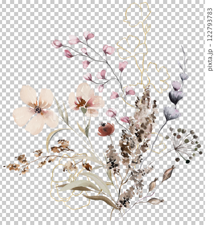 Bouquet made with watercolor autumn wild flowers and leaves, Brown and beige wedding illustration 122793783