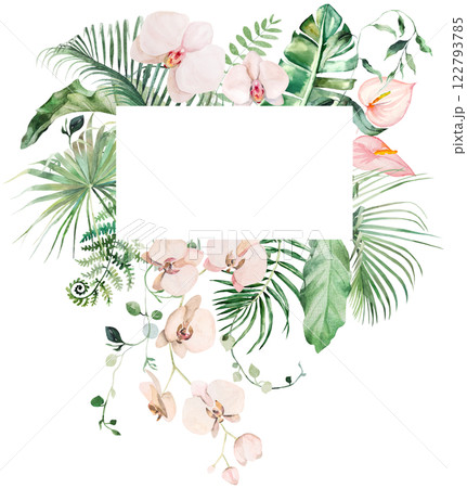 Frame with green watercolor tropical leaves and pink orchid flowers, Wedding isolated illustration 122793785