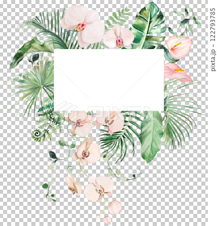 Frame with green watercolor tropical leaves and pink orchid flowers, Wedding isolated illustration 122793785