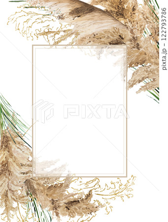 Rectangular frame with watercolor beige, green and golden pampas grass, Boho Wedding isolated illustration 122793786