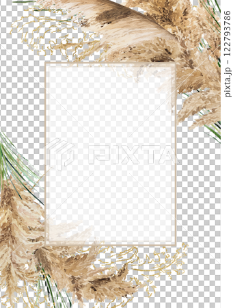 Rectangular frame with watercolor beige, green and golden pampas grass, Boho Wedding isolated illustration 122793786