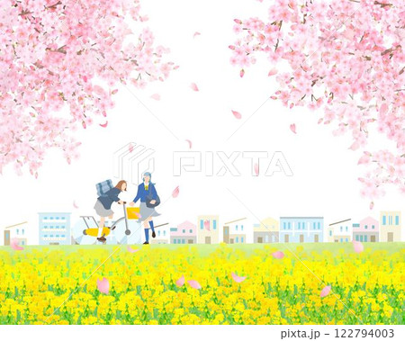 桜の木と菜の花の土手沿いを友達同士歩く女子学生ー全身ー卒業入学ー人物ベクターイラスト白バック背景素材 122794003