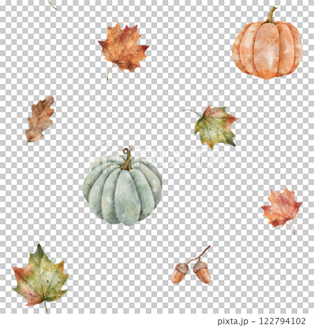 Watercolor seamless pattern of fall elements. Hand drawn illustration pumpkins, maple leaves and acorn. Botanical Print for wallpaper, textile, fabric and packaging design Watercolor seamless pattern of fall elements. Hand drawn illustration pumpkins, maple leaves and acorn. Botanical Print for wallpaper, textile, fabric and packaging design 122794102