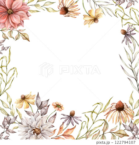 Watercolor rudbeckia, dahlia, dried leaves square frame. Hand painted asters and coneflowers illustration. Fall plants for greeting cards, wedding invitations, pack, stationary, decorations. 122794107