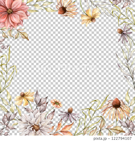 Watercolor rudbeckia, dahlia, dried leaves square frame. Hand painted asters and coneflowers illustration. Fall plants for greeting cards, wedding invitations, pack, stationary, decorations. 122794107