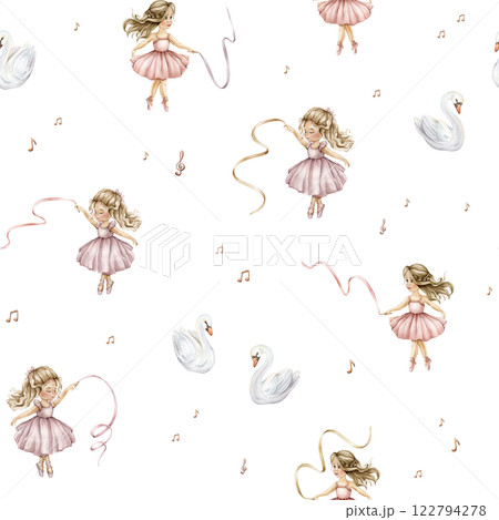 Watercolor seamless pattern with cute little ballerinas with ribbons and swans. Hand drawn illustration heart and notes or treble clef on isolated background. Background for girl textile with dancing 122794278