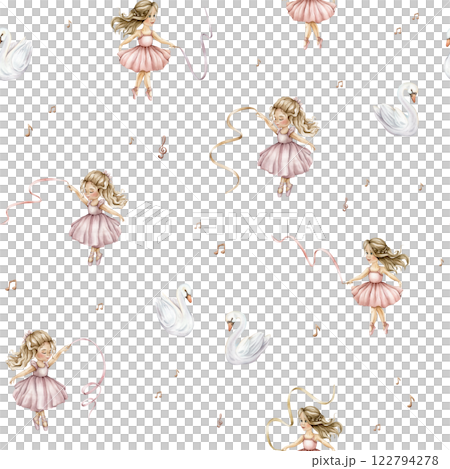 Watercolor seamless pattern with cute little ballerinas with ribbons and swans. Hand drawn illustration heart and notes or treble clef on isolated background. Background for girl textile with dancing 122794278