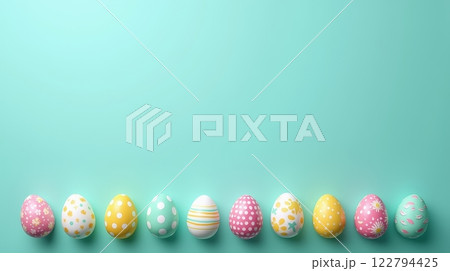 Row of colorful Easter eggs with decorative patterns on a pastel turquoise background. Flat lay composition with copy space 122794425