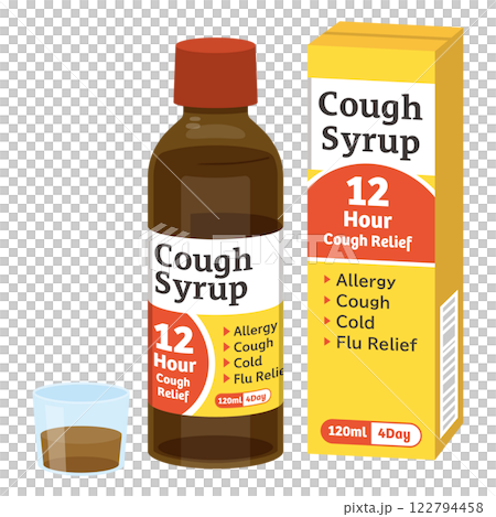 Cough syrup packages and bottles 122794458