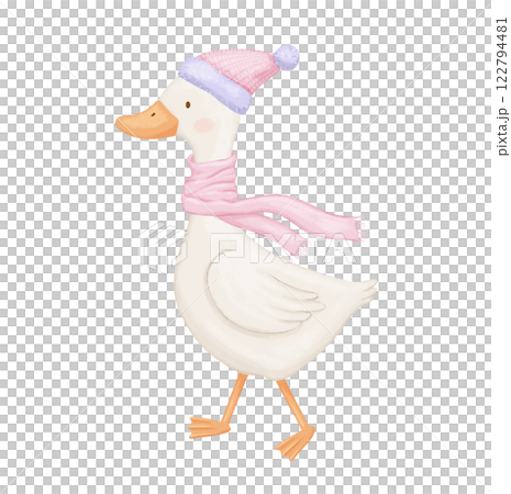 Cute baby goose with scarf and winter hat, animal character, watercolor isolated illustration 122794481