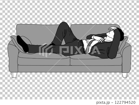 Illustration of a businessman in a suit sleeping on a sofa (full body, sideways) 122794520