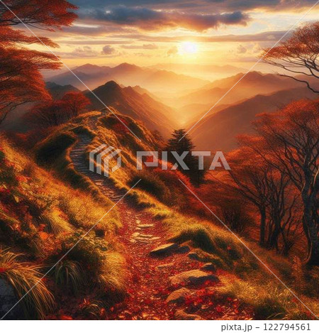 朝日に照らされるススキ 122794561