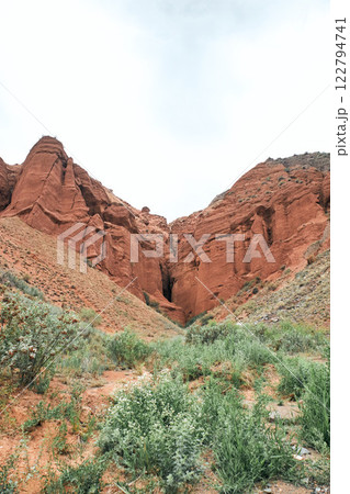 Sandstone red rocks. Sheer cliffs subject to erosion. 122794741