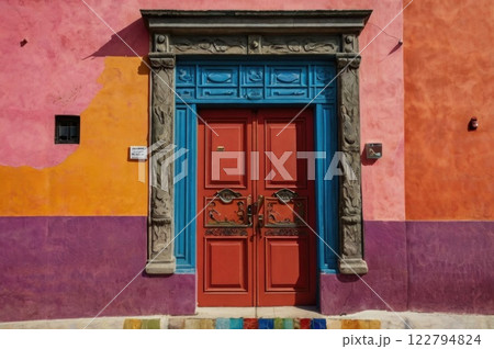 Colorful wooden door on the facade of a house 122794824