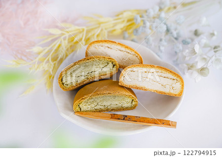 おまんじゅう　抹茶と白餡 122794915