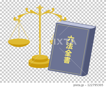 アンティークなてんびんと、日本の法律書の六法全書のイメージのイラスト アンティークなてんびんと、日本の法律書の六法全書のイメージのイラスト 122795305