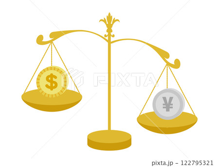 アメリカドルと日本の円の為替相場で円高ドル安のイメージのイラスト アメリカドルと日本の円の為替相場で円高ドル安のイメージのイラスト 122795321