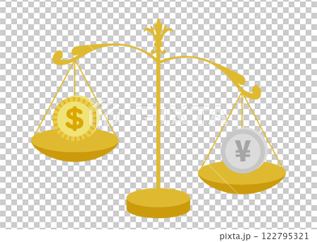 アメリカドルと日本の円の為替相場で円高ドル安のイメージのイラスト アメリカドルと日本の円の為替相場で円高ドル安のイメージのイラスト 122795321