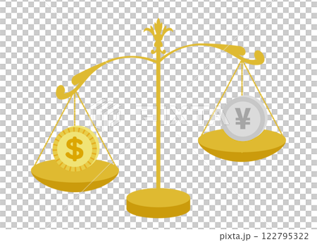 アメリカドルと日本の円の為替相場でドル高円安のイメージのイラスト アメリカドルと日本の円の為替相場でドル高円安のイメージのイラスト 122795322