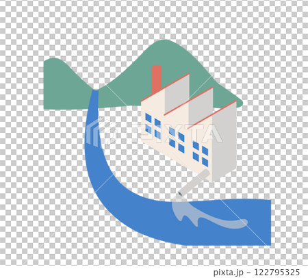 Isometric illustration of a factory discharging wastewater into a river Isometric illustration of a factory discharging wastewater into a river 122795325