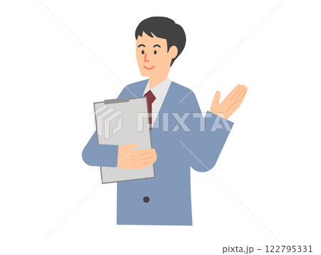 片手でパソコンを使い、逆の手を上げて提案する男性のイメージのイラスト 122795331