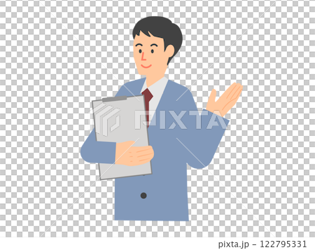 片手でパソコンを使い、逆の手を上げて提案する男性のイメージのイラスト 122795331