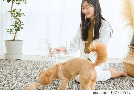 リビングで愛犬と遊ぶ女性 122795577