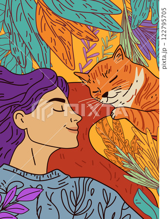 Woman with cat relaxation nature theme colorful leaves peaceful scene vibrant colors decorative elements 122795705