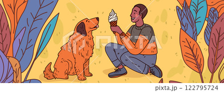 Dog and person sharing ice cream outdoors. A person kneels offering an ice cream cone to a sitting dog surrounded by colorful leaves on a yellow background Dog and person sharing ice cream outdoors. A person kneels offering an ice cream cone to a sitting dog surrounded by colorful leaves on a yellow background 122795724