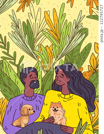 Couple with dogs nature background colorful scene. Smiling man and woman holding pets surrounded by lush leaves. Bright colors detailed design Couple with dogs nature background colorful scene. Smiling man and woman holding pets surrounded by lush leaves. Bright colors detailed design 122795727