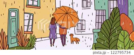 Couple walking in rain sharing umbrella urban scene with dog colorful buildings lush plants hand-drawn style street art 122795734