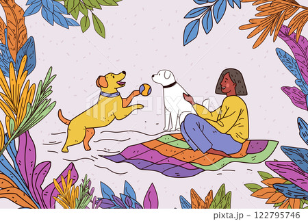 Dogs playing with owner outdoors colorful scene. Woman sitting on blanket with two dogs one playing with ball surrounded by vibrant leaves. Ideal for website banner Dogs playing with owner outdoors colorful scene. Woman sitting on blanket with two dogs one playing with ball surrounded by vibrant leaves. Ideal for website banner 122795746