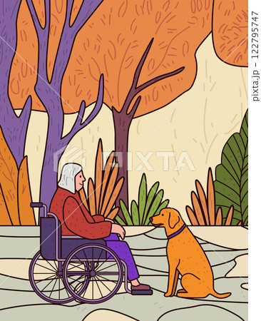 Elderly woman wheelchair autumn park dog companionship serene outdoor scene vibrant trees leaves colorful nature digital art 122795747