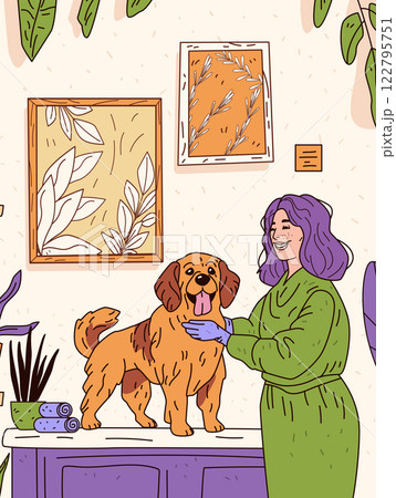 Dog grooming scene with woman and pet care theme. Woman with purple hair grooms a happy brown dog on a table in a cozy room with plants and framed art 122795751