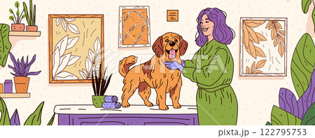 Dog grooming scene with woman smiling. Cozy room with plants and framed art. Dog on table receiving care. Warm colors and detailed decor. Perfect for pet care content Dog grooming scene with woman smiling. Cozy room with plants and framed art. Dog on table receiving care. Warm colors and detailed decor. Perfect for pet care content 122795753