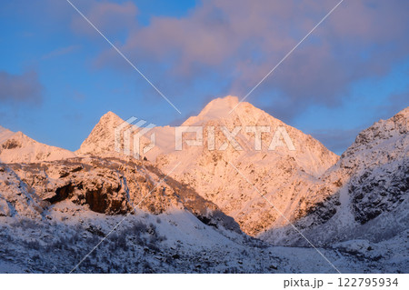 View on the mountains on Lofoten Islands, Norway. Nature in fjords. 122795934