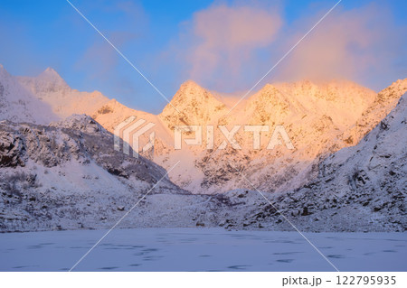 View on the mountains on Lofoten Islands, Norway. Nature in fjords. Panoramic view. View on the mountains on Lofoten Islands, Norway. Nature in fjords. Panoramic view. 122795935