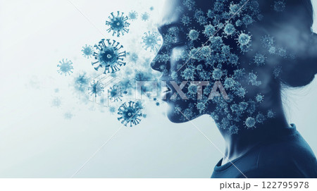 Conceptual illustration of influenza virus transmission through human breath Conceptual illustration of influenza virus transmission through human breath 122795978