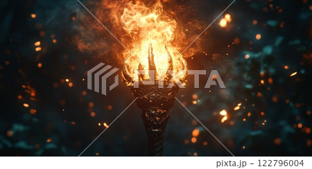 Flaming Torch with Dramatic Lighting 122796004