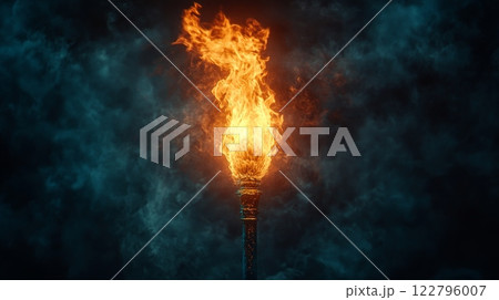 Flaming Torch with Dramatic Lighting 122796007