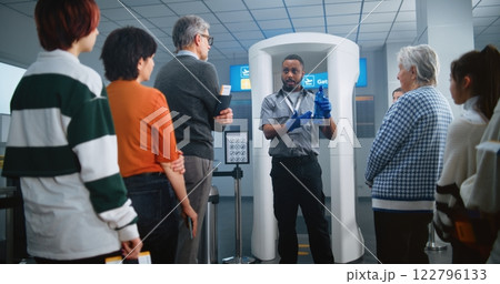 Security Officer Gives Instructions to Passengers About TSA Screening Procedures for Boarding Flight Security Officer Gives Instructions to Passengers About TSA Screening Procedures for Boarding Flight 122796133