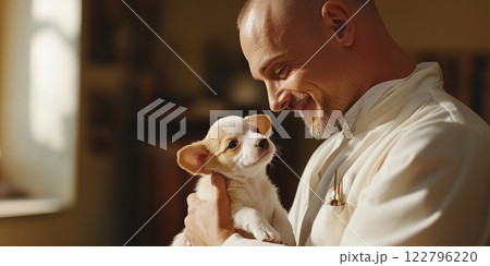 Welcoming veterinary clinic environment featuring friendly veterinarian holding small puppy 122796220