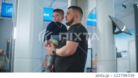 Security Officer Controls Passengers Screening Procedure for Flight Boarding, Uses Tablet Computer Security Officer Controls Passengers Screening Procedure for Flight Boarding, Uses Tablet Computer 122796336