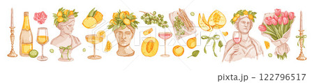 Italian wedding decoration set, vector hand drawn watercolor antique sculpture, Amalfi lemon, fruit. 122796517