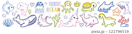 Kids doodle ocean animal set, vector hand drawn childish underwater scribble, cute cartoon dolphin. Kids doodle ocean animal set, vector hand drawn childish underwater scribble, cute cartoon dolphin. 122796519