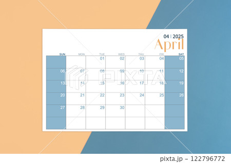 April 2025 calendar page on yellow and blue background. 122796772