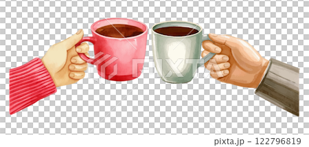 手持咖啡杯的水彩插圖 AI 生成 122796819